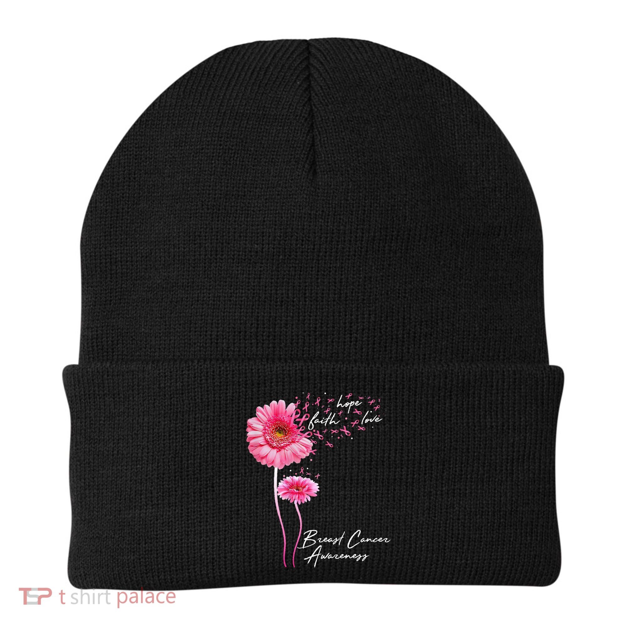 Faith Hope Love Pink Daisy Flower Breast Cancer Awareness Beanie