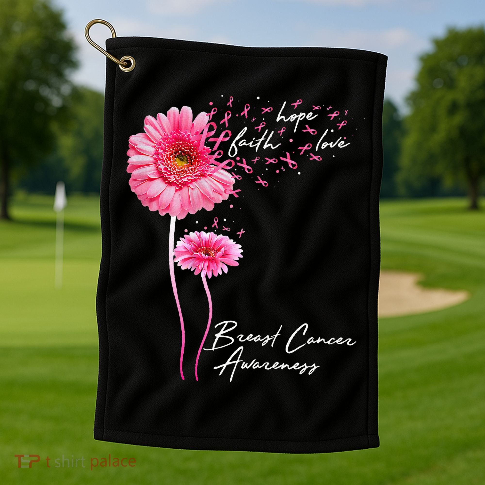 Faith Hope Love Pink Daisy Flower Breast Cancer Awareness Golf Towel