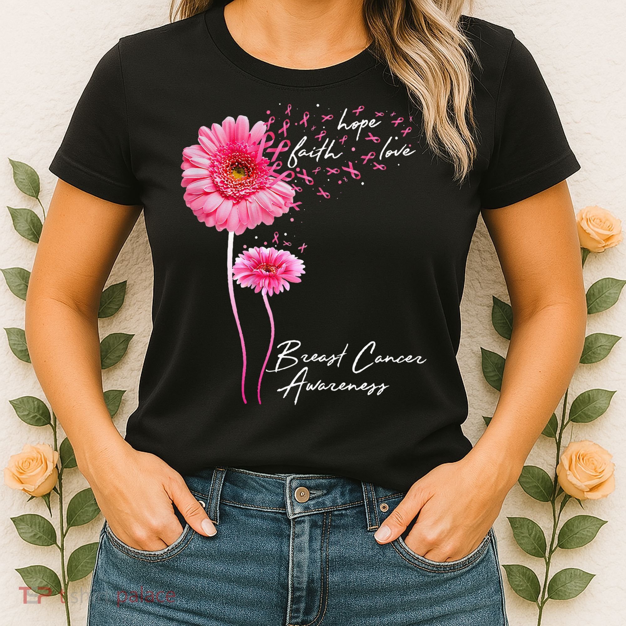 Faith Hope Love Pink Daisy Flower Breast Cancer Awareness Women's T-Shirt