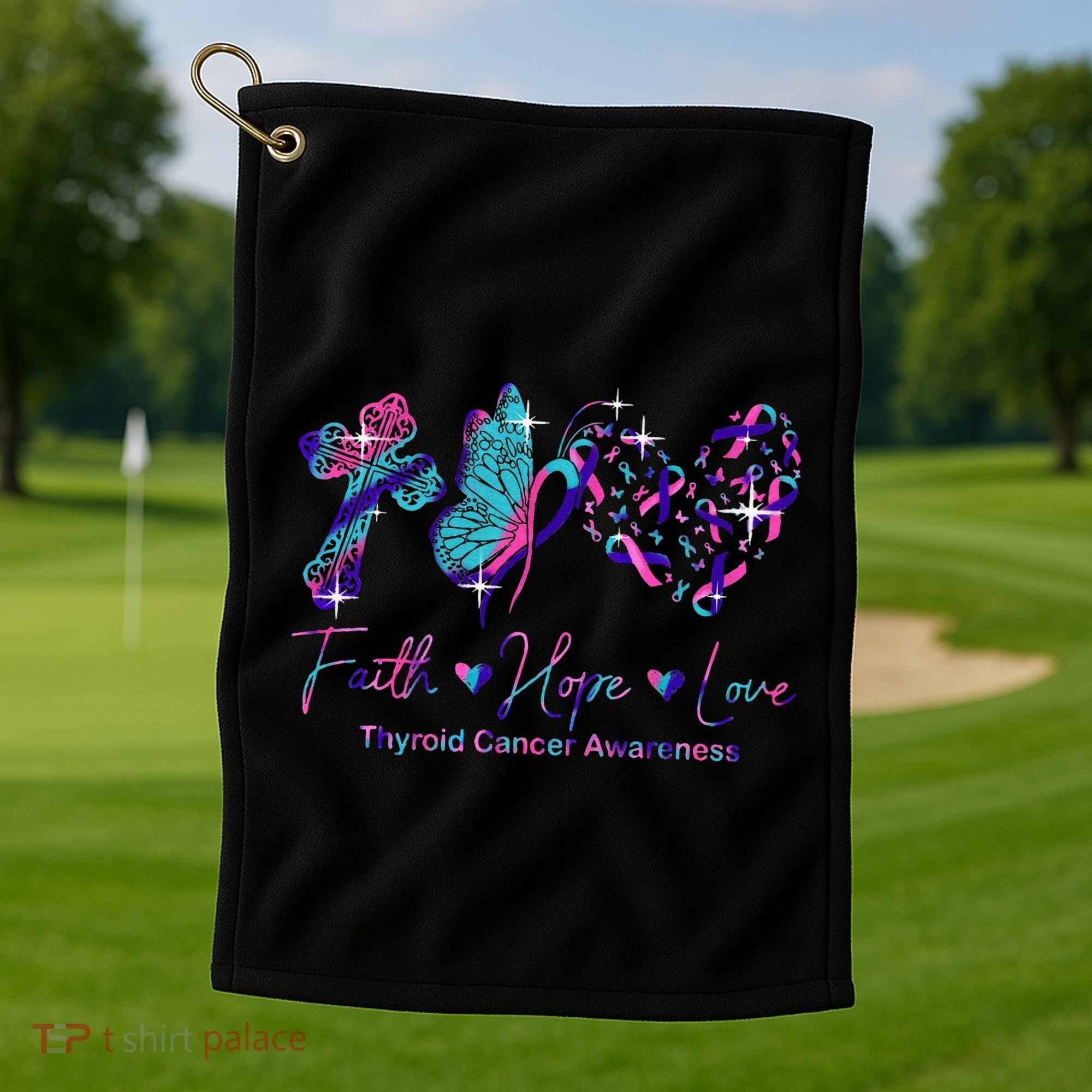 Faith Hope Love Ribbon Thyroid Cancer Awareness Golf Towel