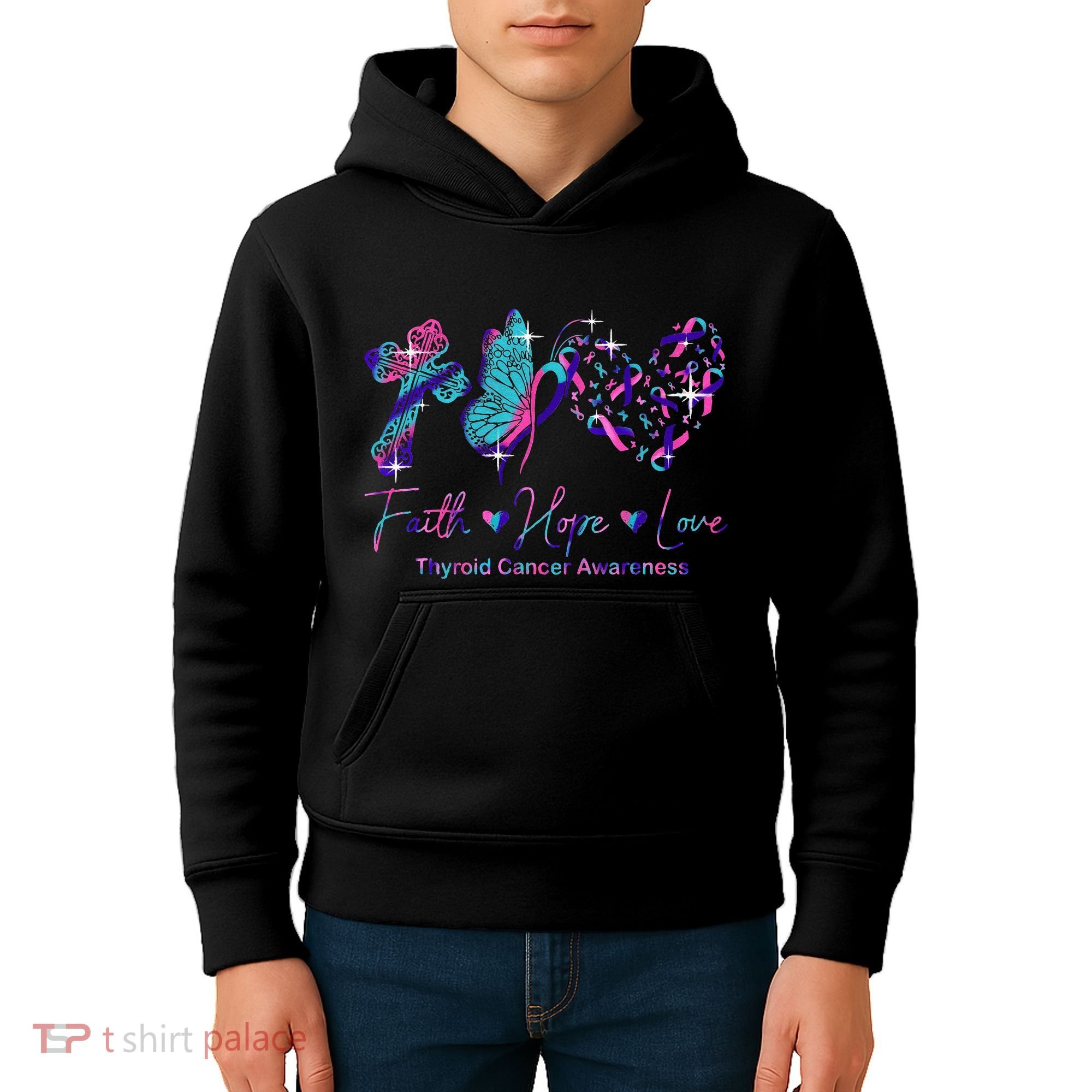 Faith Hope Love Ribbon Thyroid Cancer Awareness Kids Hoodie