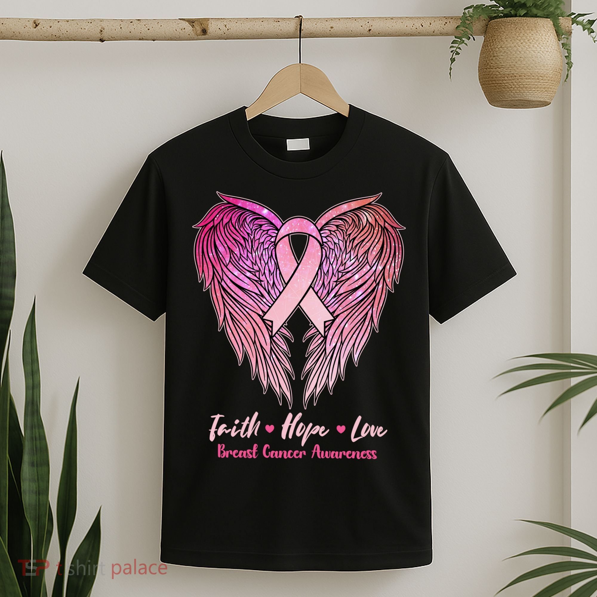 Faith Hope Love Breast Cancer Awareness Winged Pink Ribbon T-Shirt