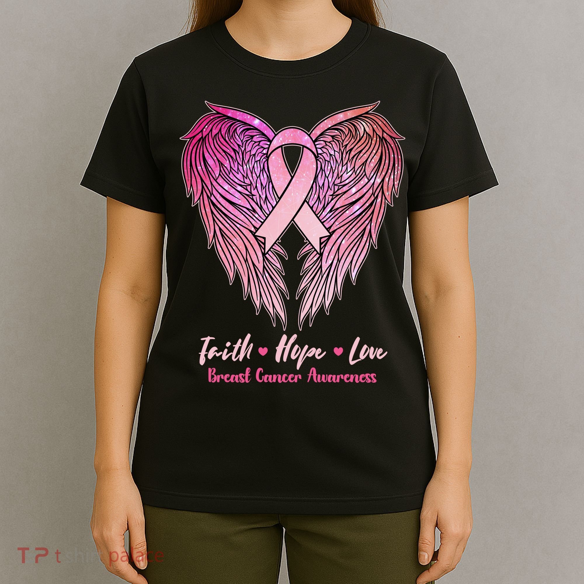 Faith Hope Love Breast Cancer Awareness Winged Pink Ribbon T-Shirt