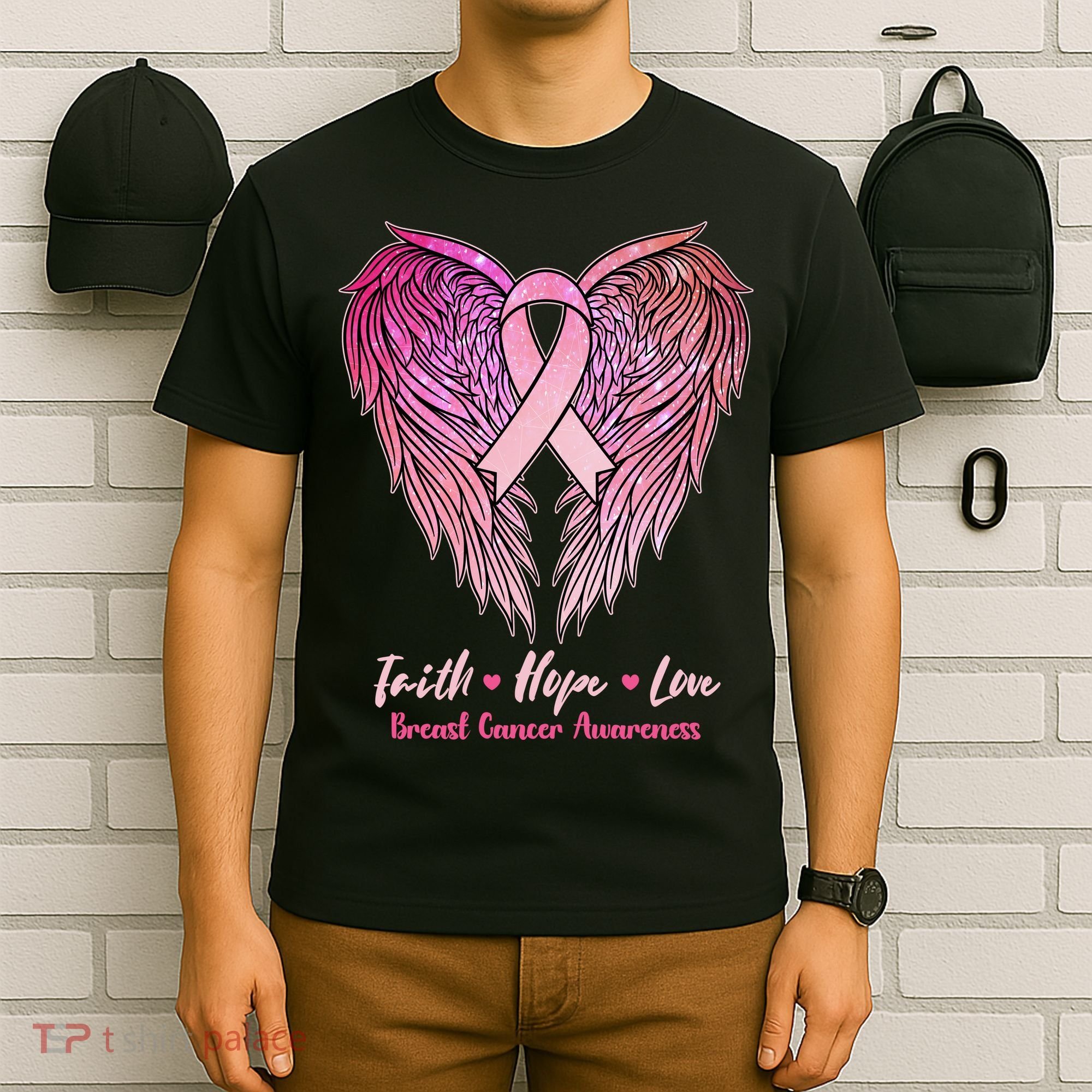 Faith Hope Love Breast Cancer Awareness Winged Pink Ribbon T-Shirt