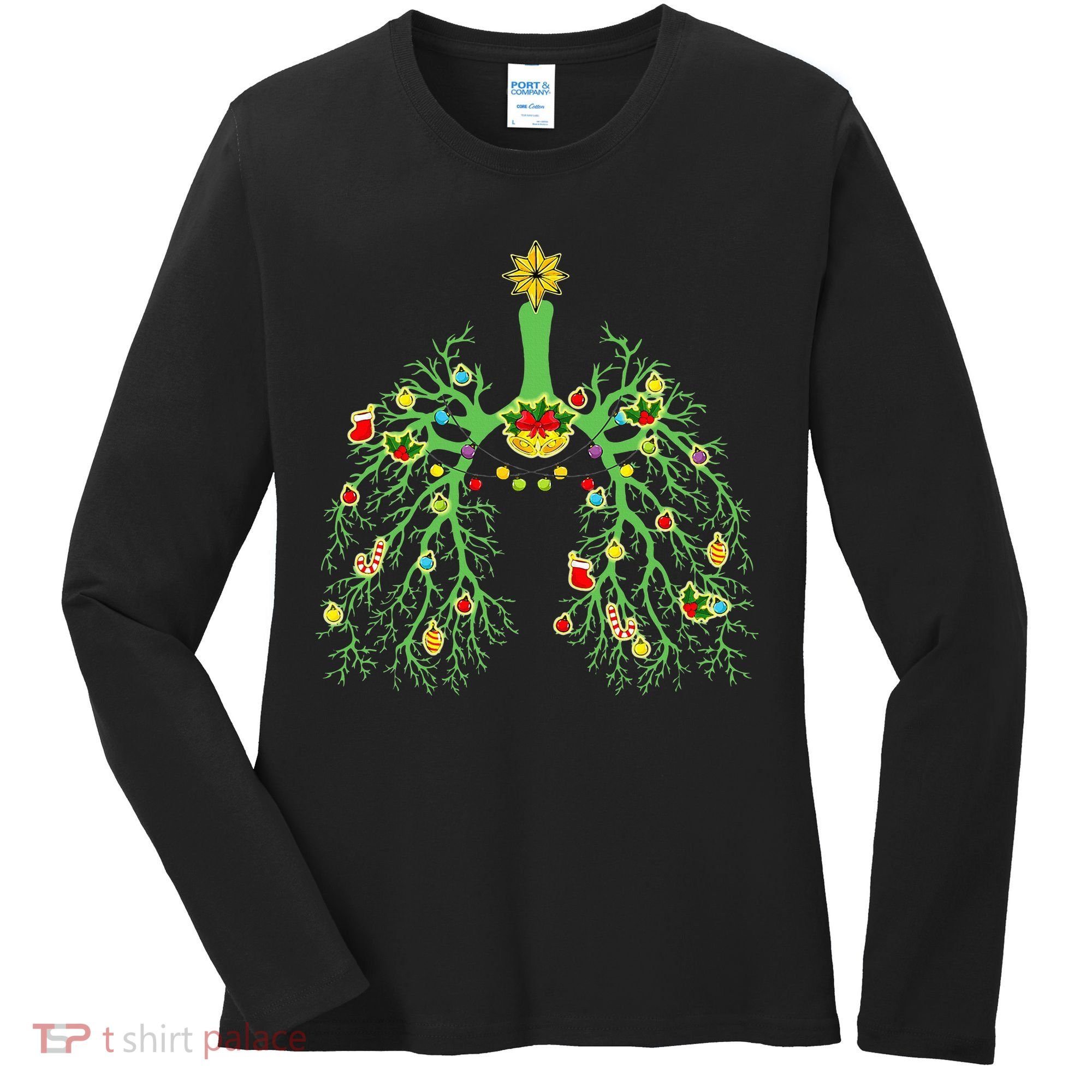 Festive Holiday Lung Ornament for Respiratory Therapists Women's Long Sleeve Shirt