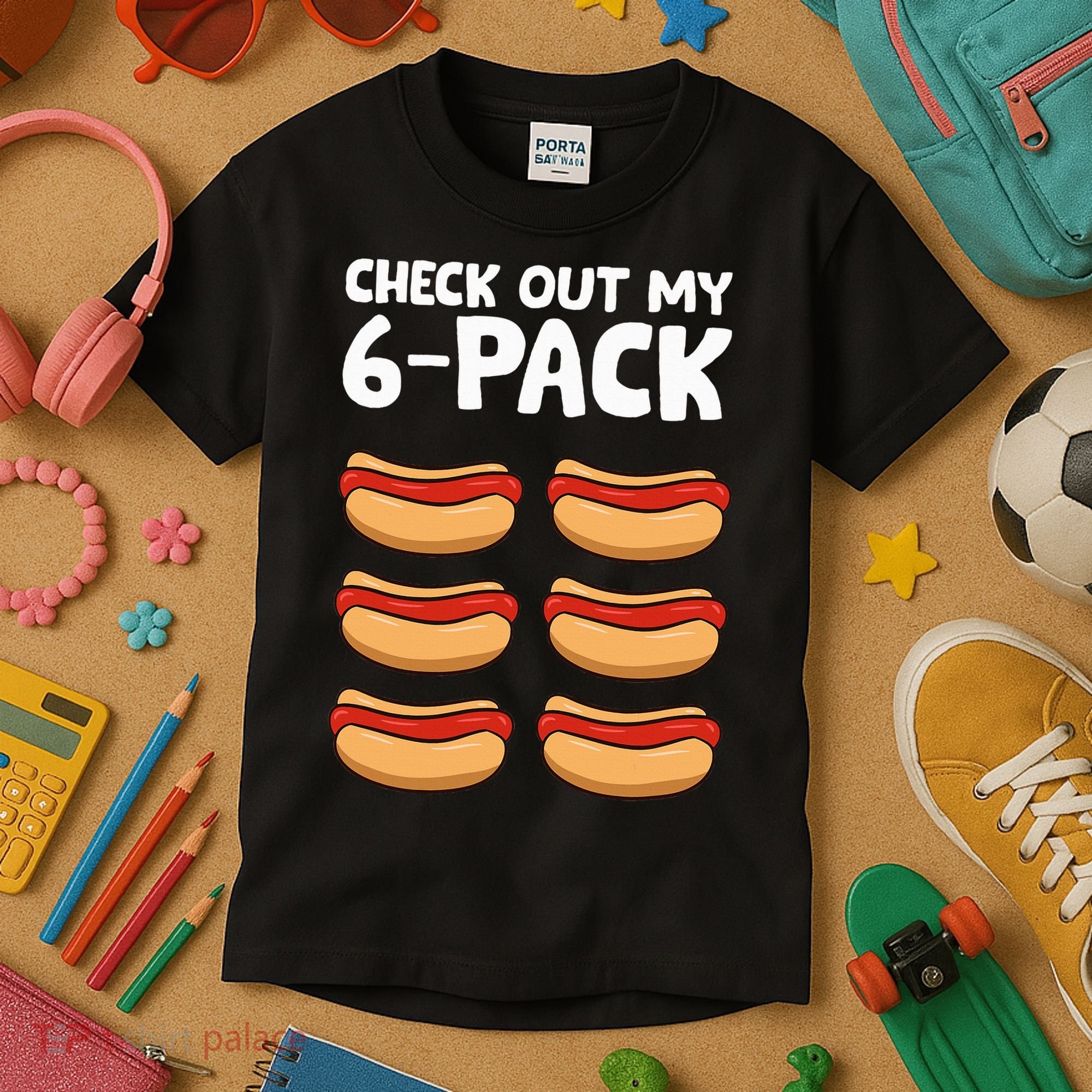 Funny Hotdog Lover Check Out My 6 Pack Hot Dog Kids T-Shirt