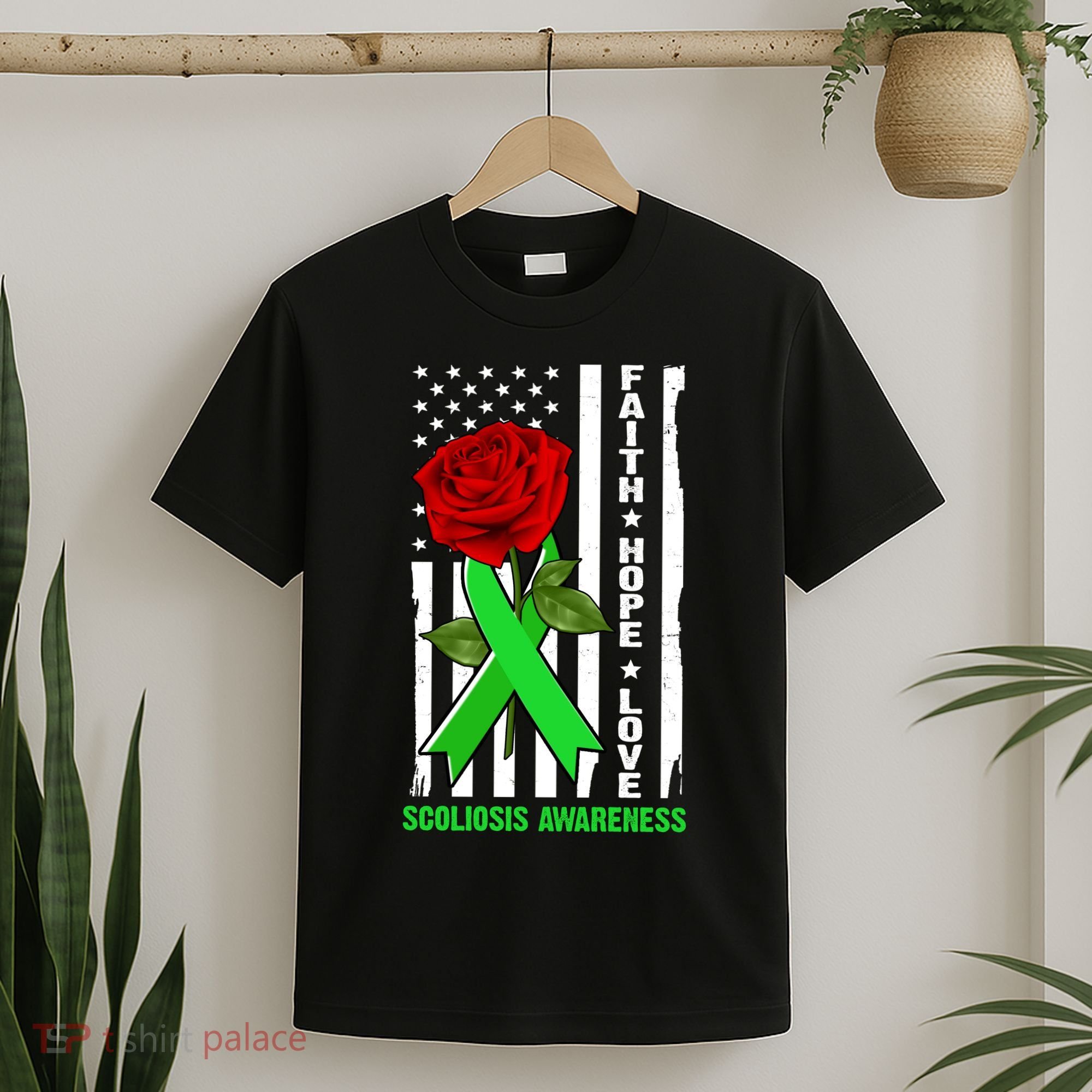 Faith Hope Love Scoliosis Awareness USA Rose Flag T-Shirt