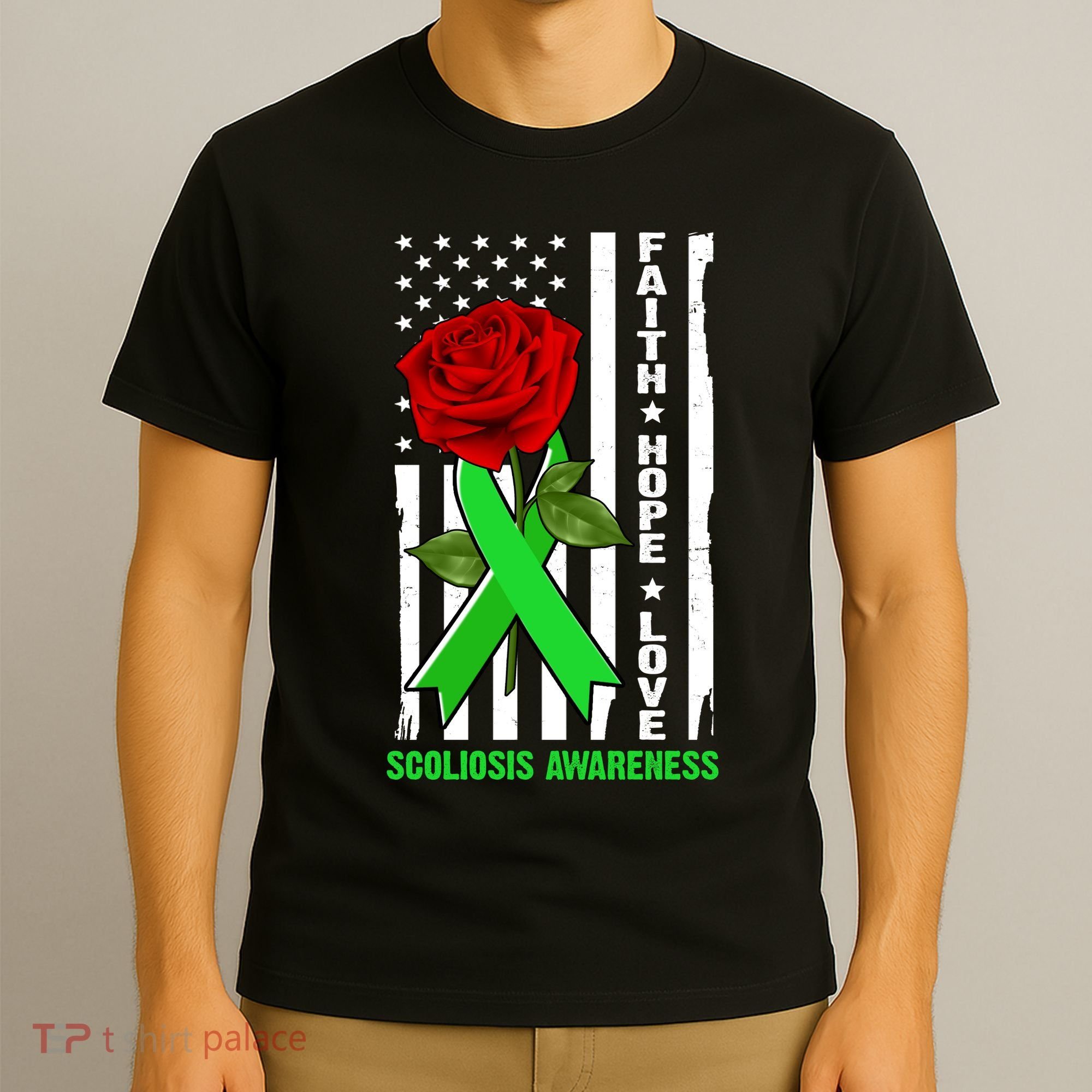 Faith Hope Love Scoliosis Awareness USA Rose Flag T-Shirt