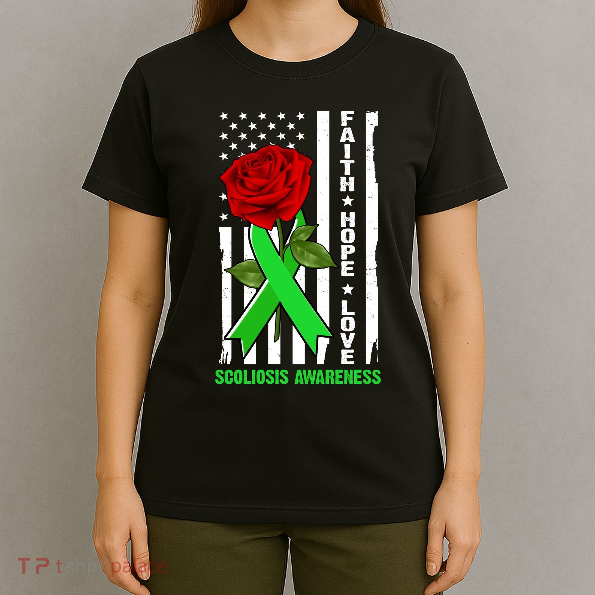Faith Hope Love Scoliosis Awareness USA Rose Flag T-Shirt