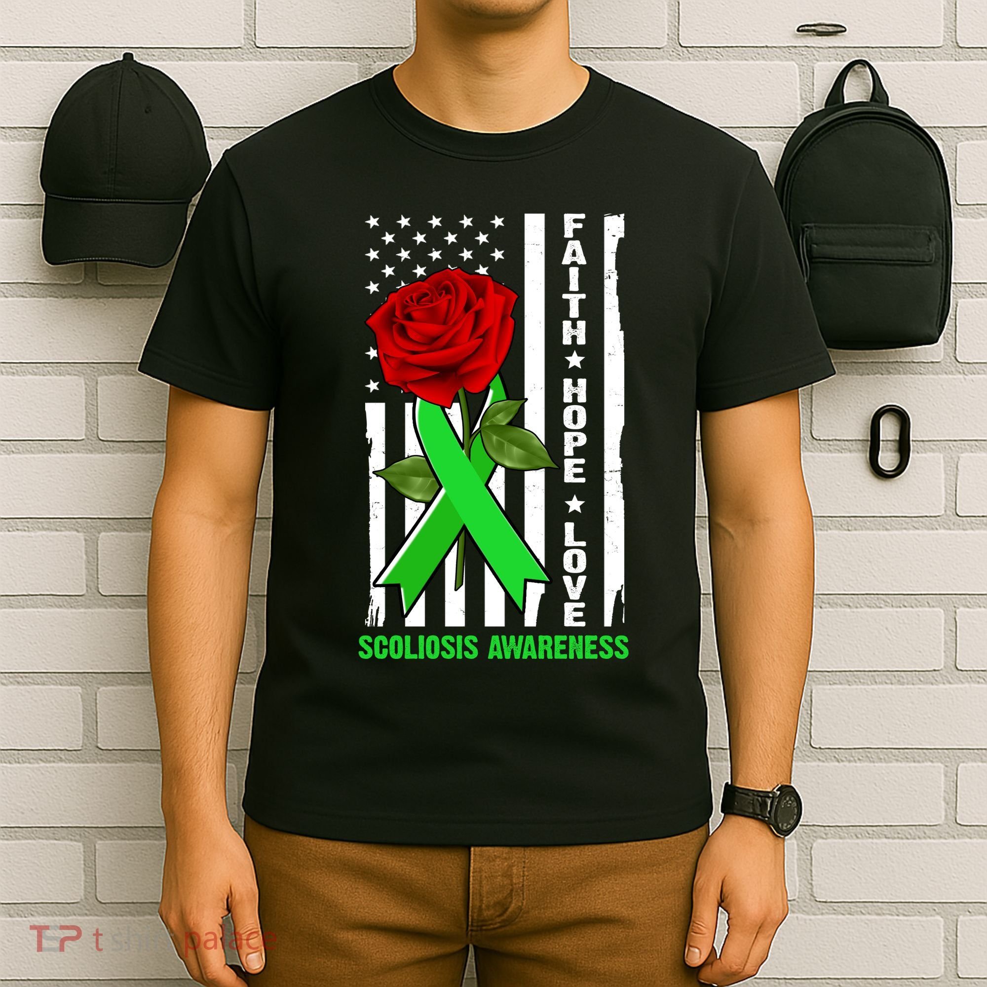 Faith Hope Love Scoliosis Awareness USA Rose Flag T-Shirt
