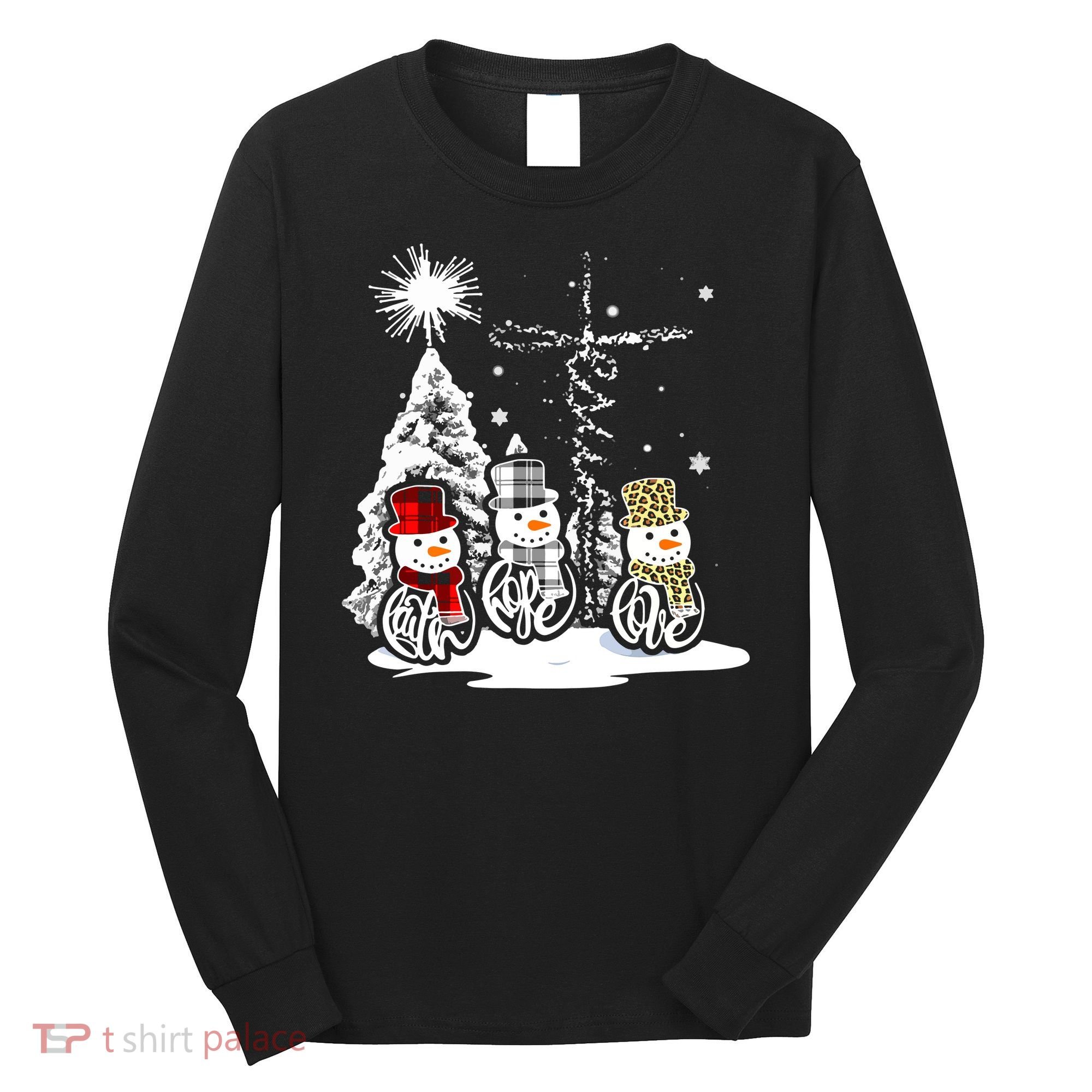 Faith Hope Love Jesus Snowman Plaid Leopard Christmas Gift Long Sleeve Shirt
