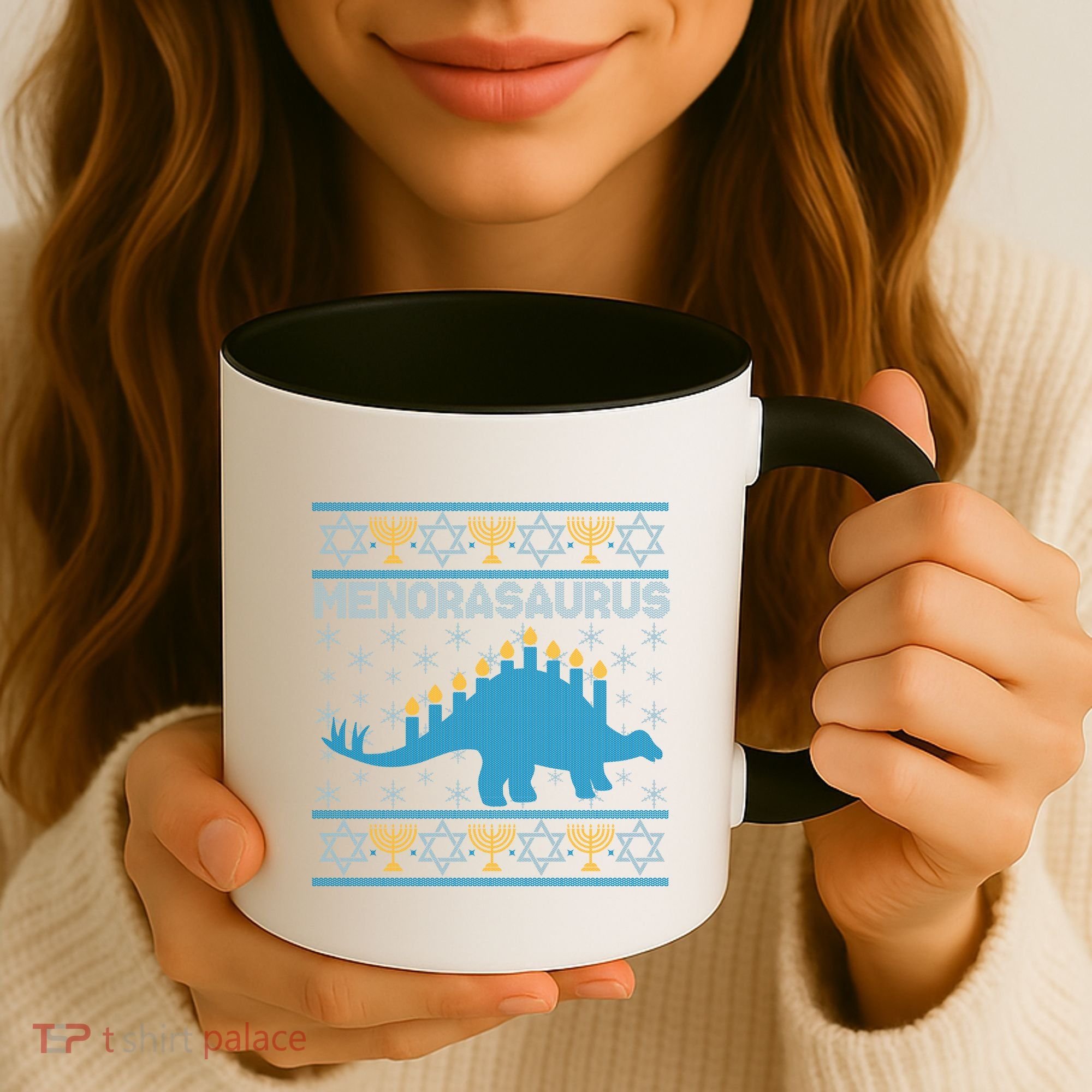 Funny Hanukkah Menorasaurus Dinosaur Ugly Sweater Coffee Mug