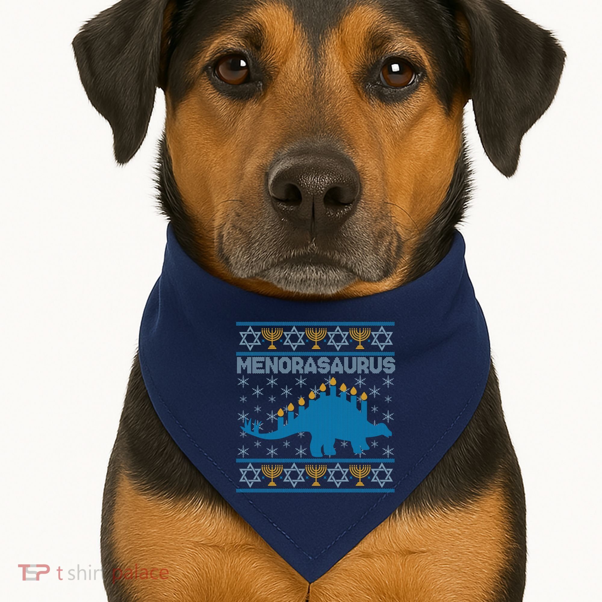 Funny Hanukkah Menorasaurus Dinosaur Ugly Sweater USA-Made Doggie Bandana