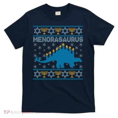 Funny Hanukkah Menorasaurus Dinosaur Ugly Sweater T-Shirt