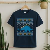 Funny Hanukkah Menorasaurus Dinosaur Ugly Sweater T-Shirt thumb 2