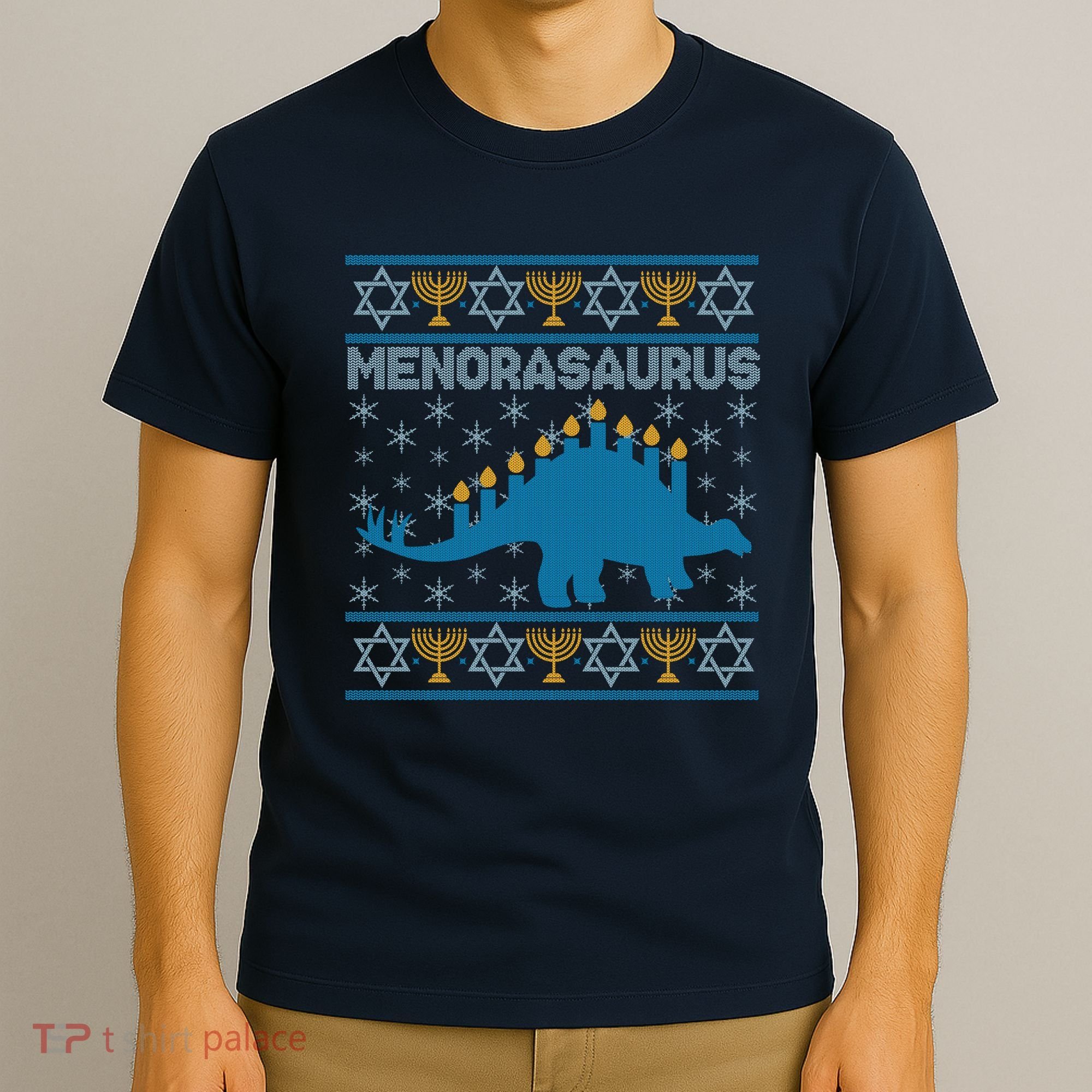 Funny Hanukkah Menorasaurus Dinosaur Ugly Sweater T-Shirt