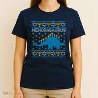 Funny Hanukkah Menorasaurus Dinosaur Ugly Sweater T-Shirt thumb 4