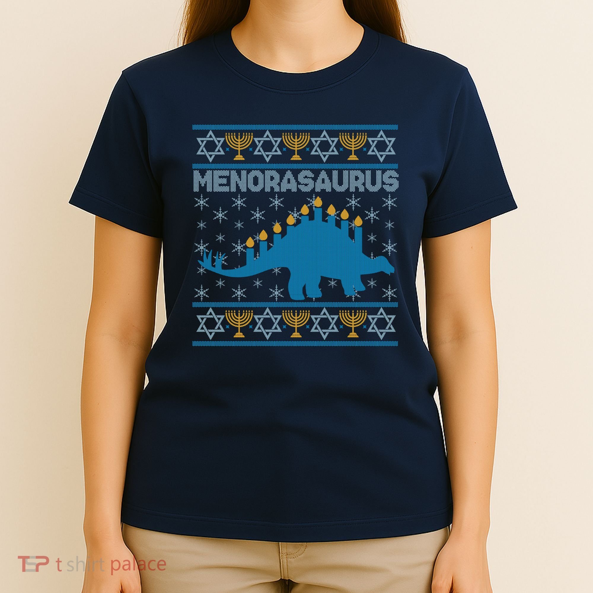 Funny Hanukkah Menorasaurus Dinosaur Ugly Sweater T-Shirt
