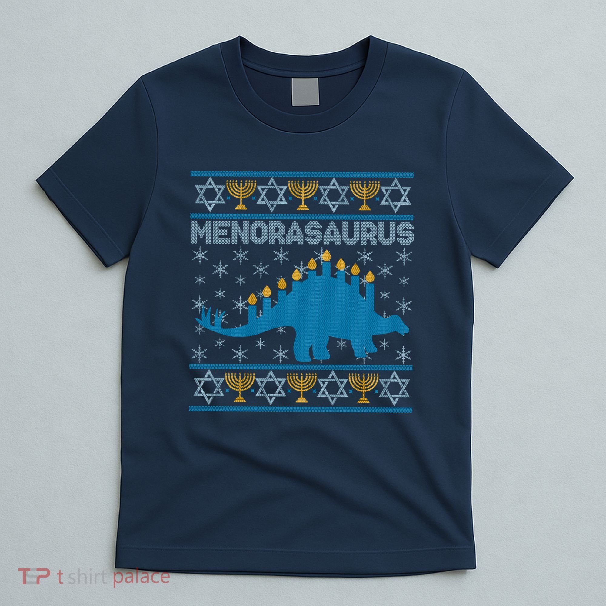 Funny Hanukkah Menorasaurus Dinosaur Ugly Sweater T-Shirt