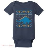 Funny Hanukkah Menorasaurus Dinosaur Ugly Sweater Baby Bodysuit thumb 0