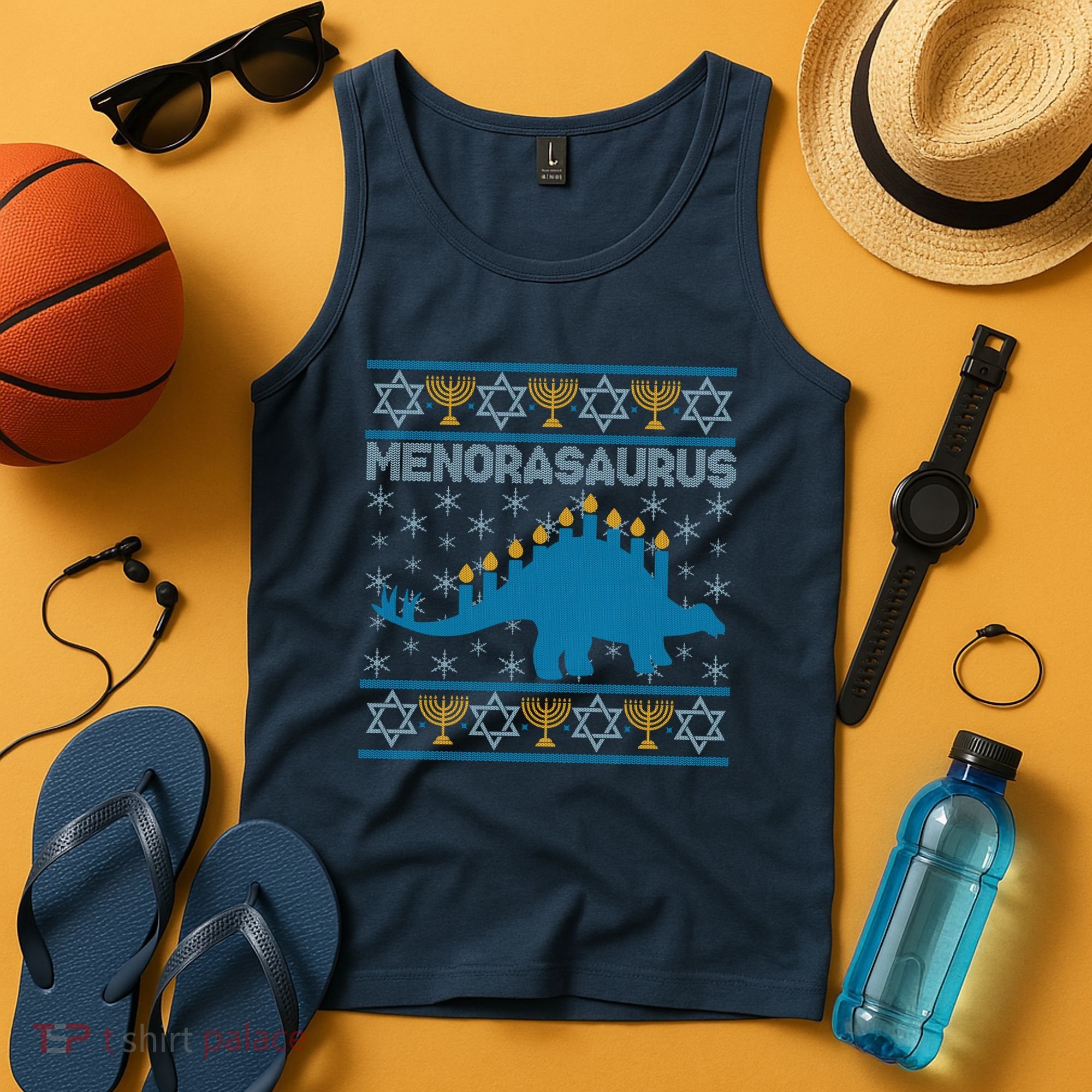 Funny Hanukkah Menorasaurus Dinosaur Ugly Sweater Tank Top