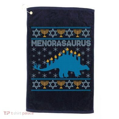 Funny Hanukkah Menorasaurus Dinosaur Ugly Sweater Golf Towel