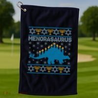 Funny Hanukkah Menorasaurus Dinosaur Ugly Sweater Golf Towel thumb 1
