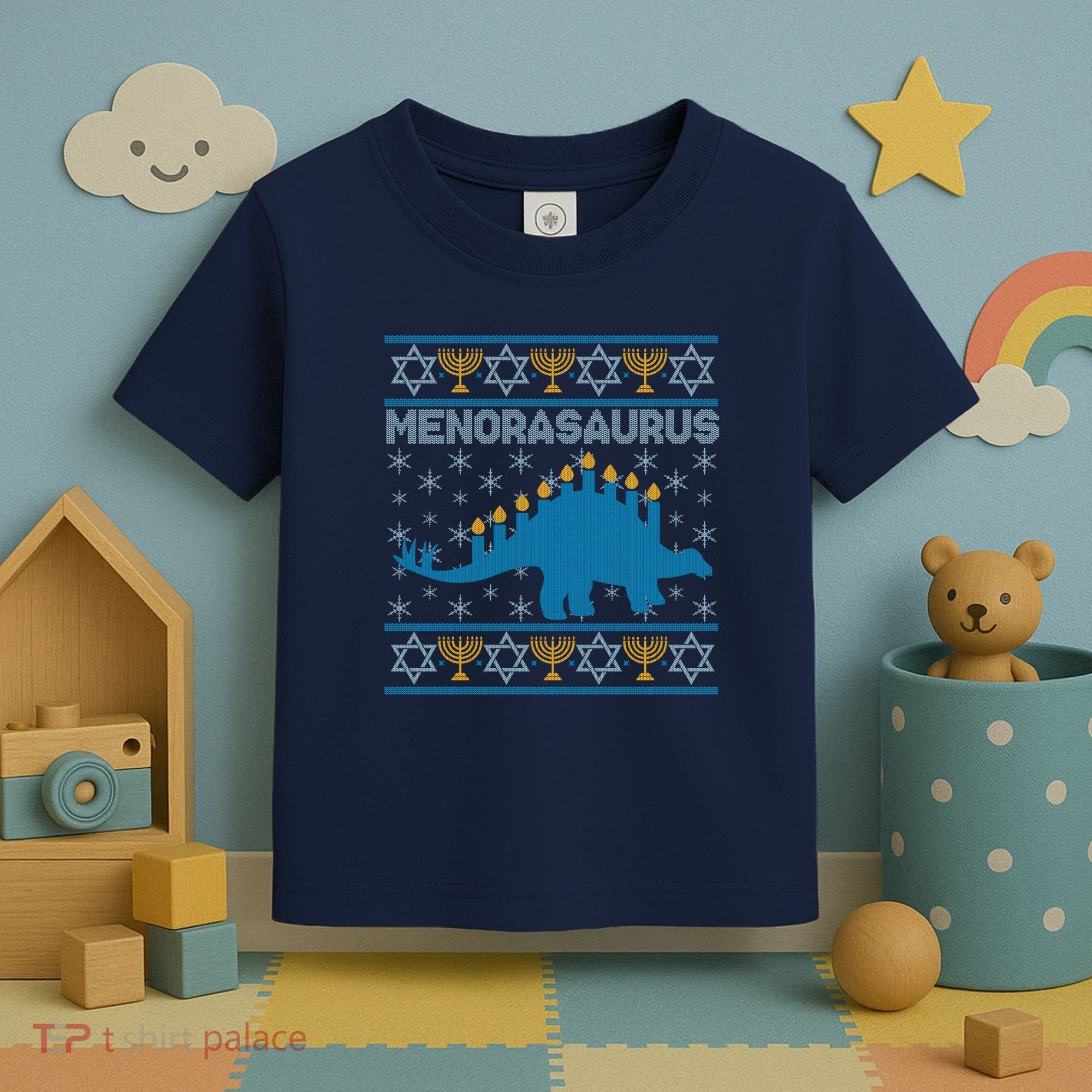 Funny Hanukkah Menorasaurus Dinosaur Ugly Sweater Toddler T-Shirt