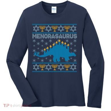 Funny Hanukkah Menorasaurus Dinosaur Ugly Sweater Women's Long Sleeve Shirt