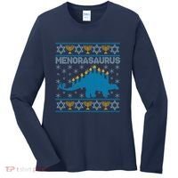 Funny Hanukkah Menorasaurus Dinosaur Ugly Sweater Women's Long Sleeve Shirt thumb 0