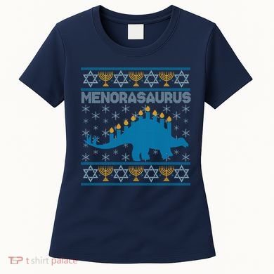 Funny Hanukkah Menorasaurus Dinosaur Ugly Sweater Women's T-Shirt