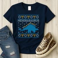 Funny Hanukkah Menorasaurus Dinosaur Ugly Sweater Women's T-Shirt thumb 3
