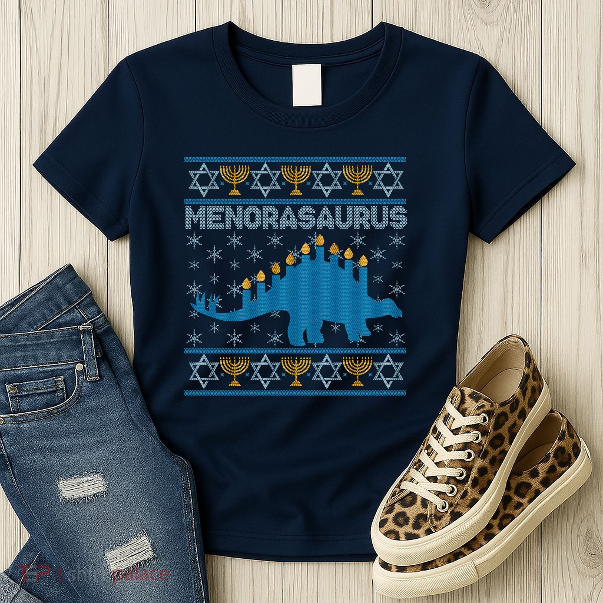Funny Hanukkah Menorasaurus Dinosaur Ugly Sweater Women's T-Shirt