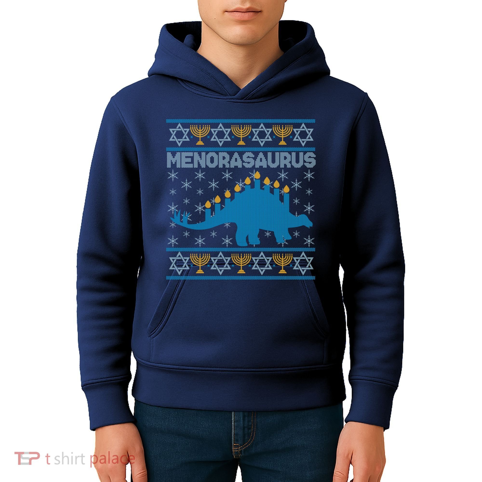 Funny Hanukkah Menorasaurus Dinosaur Ugly Sweater Kids Hoodie