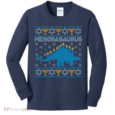 Funny Hanukkah Menorasaurus Dinosaur Ugly Sweater Kids Long Sleeve Shirt