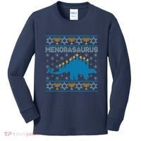 Funny Hanukkah Menorasaurus Dinosaur Ugly Sweater Kids Long Sleeve Shirt thumb 0