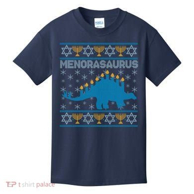 Funny Hanukkah Menorasaurus Dinosaur Ugly Sweater Kids T-Shirt