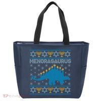 Funny Hanukkah Menorasaurus Dinosaur Ugly Sweater Tote Bag thumb 0