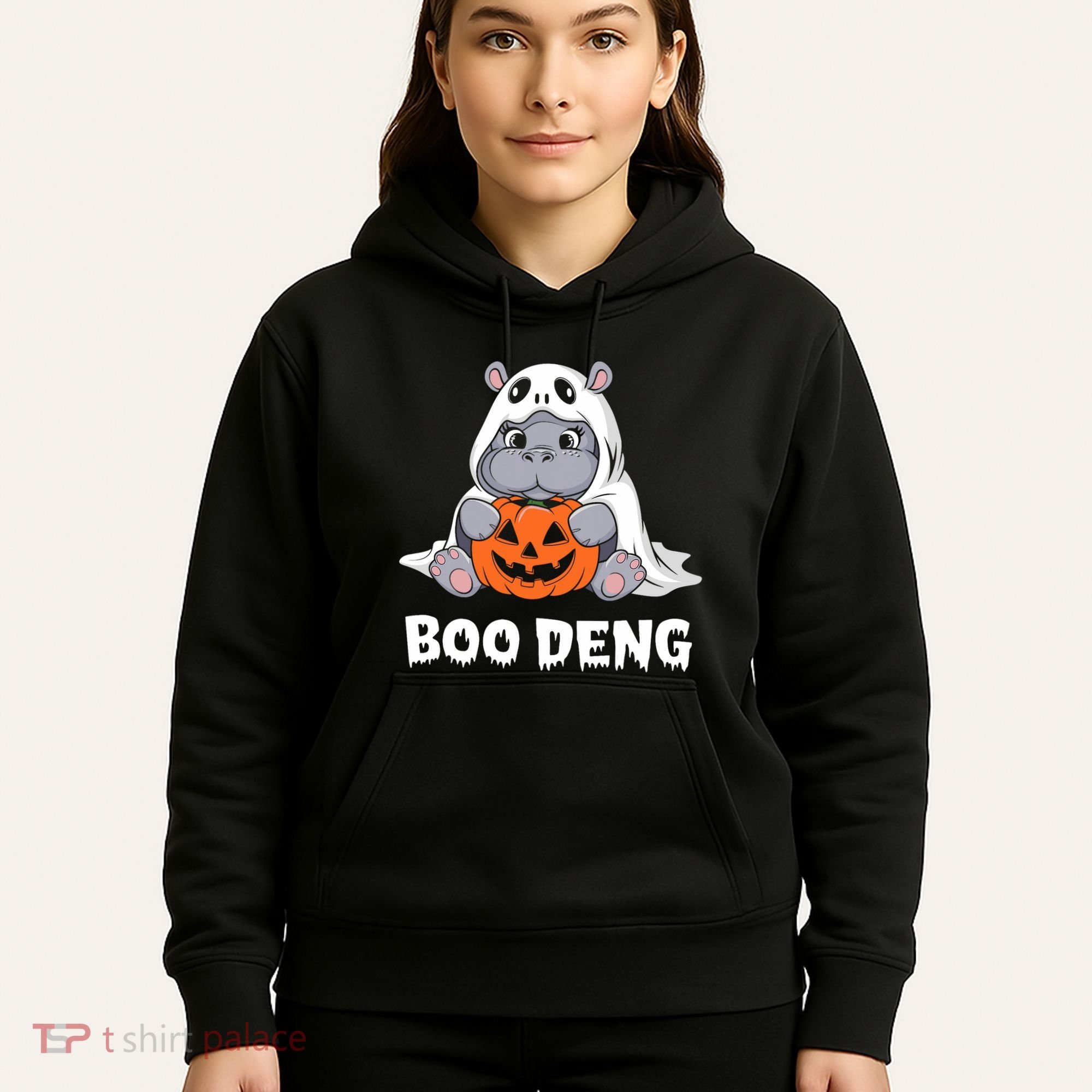 Funny Halloween Moo Deng Baby Hippo Boo Deng Ghost Costume Hoodie