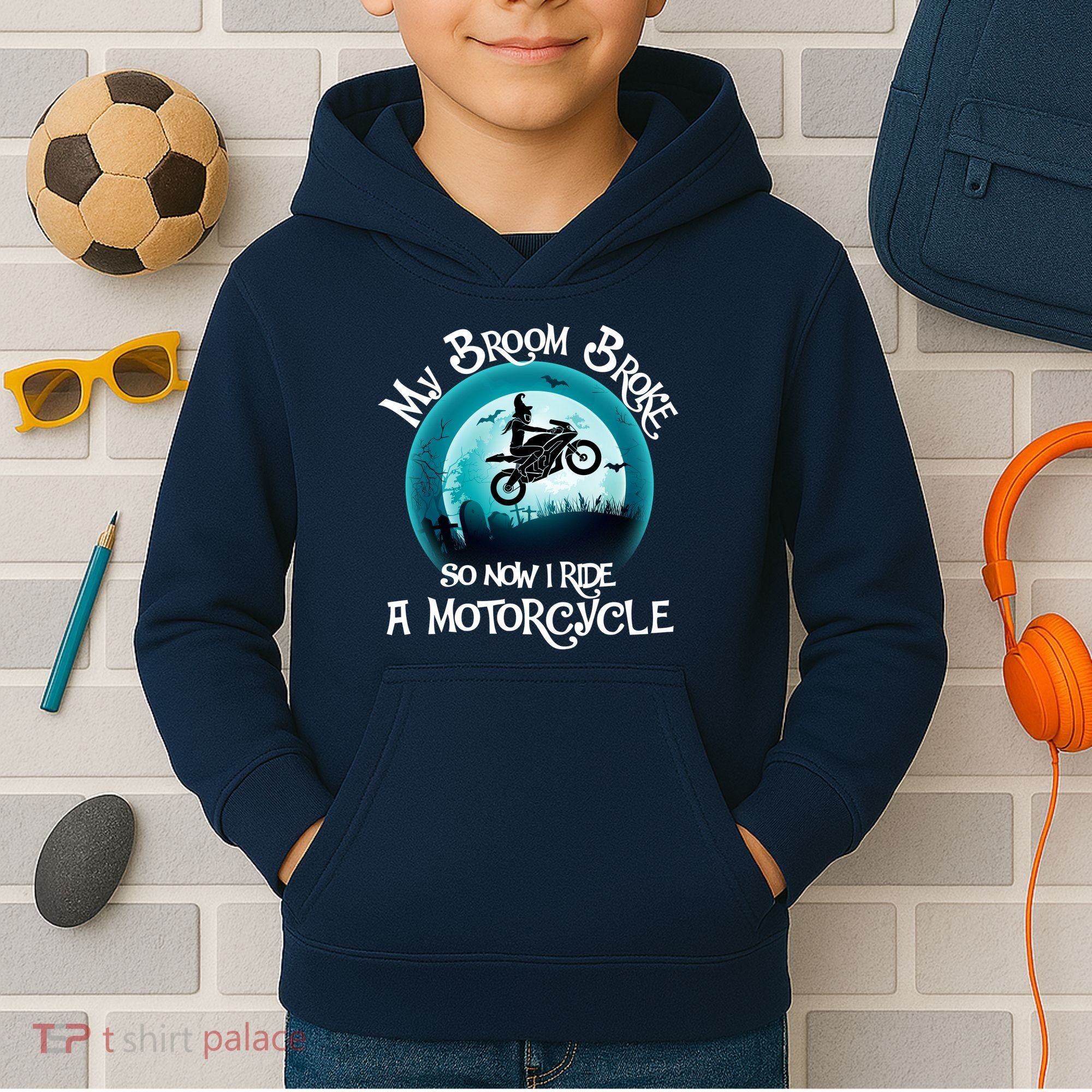 Funny Halloween My Broom Broke So Now I Ride A Motorcycle Kids Hoodie