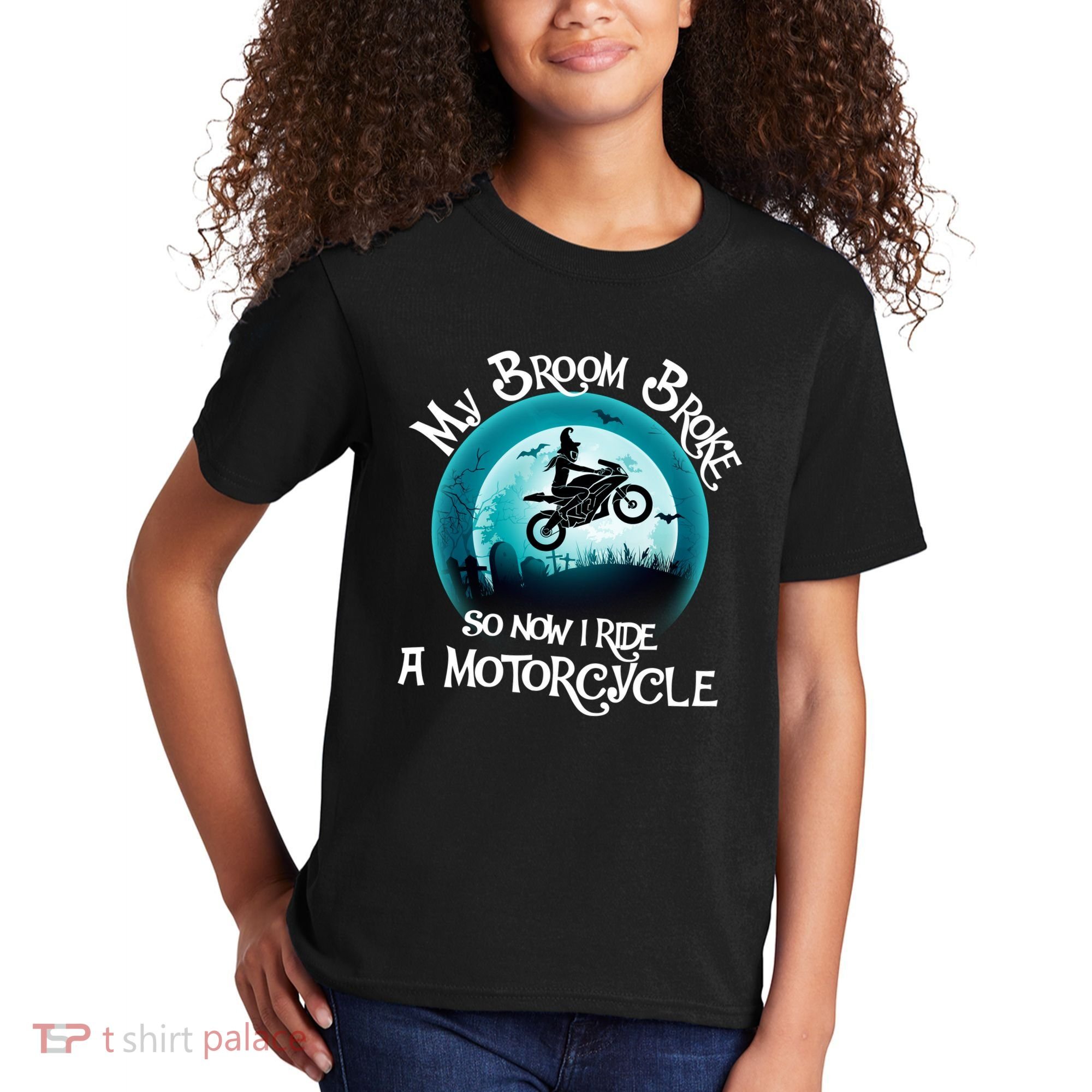 Funny Halloween My Broom Broke So Now I Ride A Motorcycle Kids T-Shirt