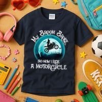 Funny Halloween My Broom Broke So Now I Ride A Motorcycle Kids T-Shirt thumb 3