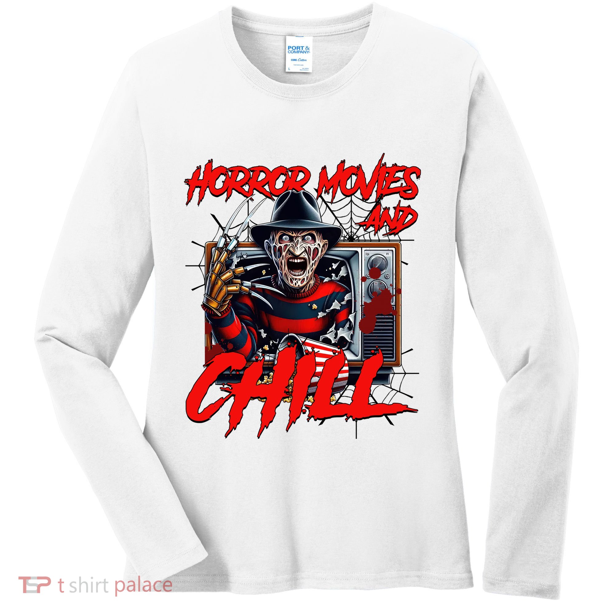 Freddy Horror Movies And Chill Scary Halloween Women's Long Sleeve Shirt
