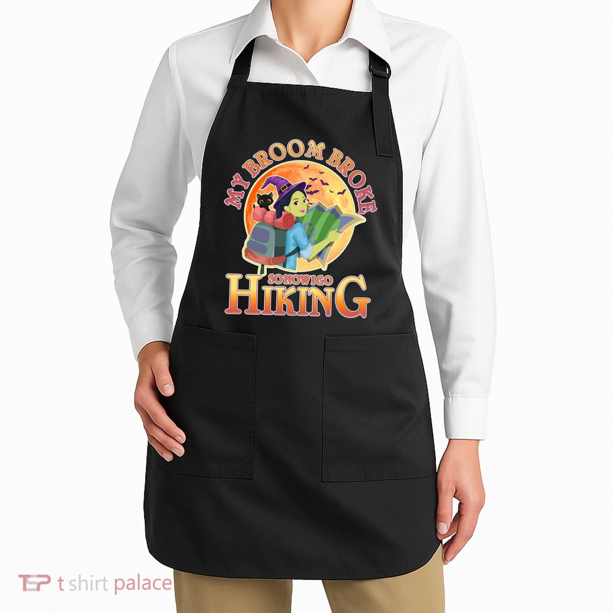 Funny Halloween My Broom Broke So Now I Go Hiking Apron
