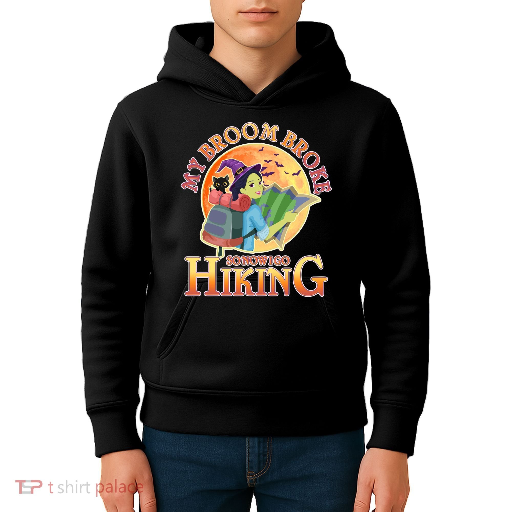 Funny Halloween My Broom Broke So Now I Go Hiking Kids Hoodie