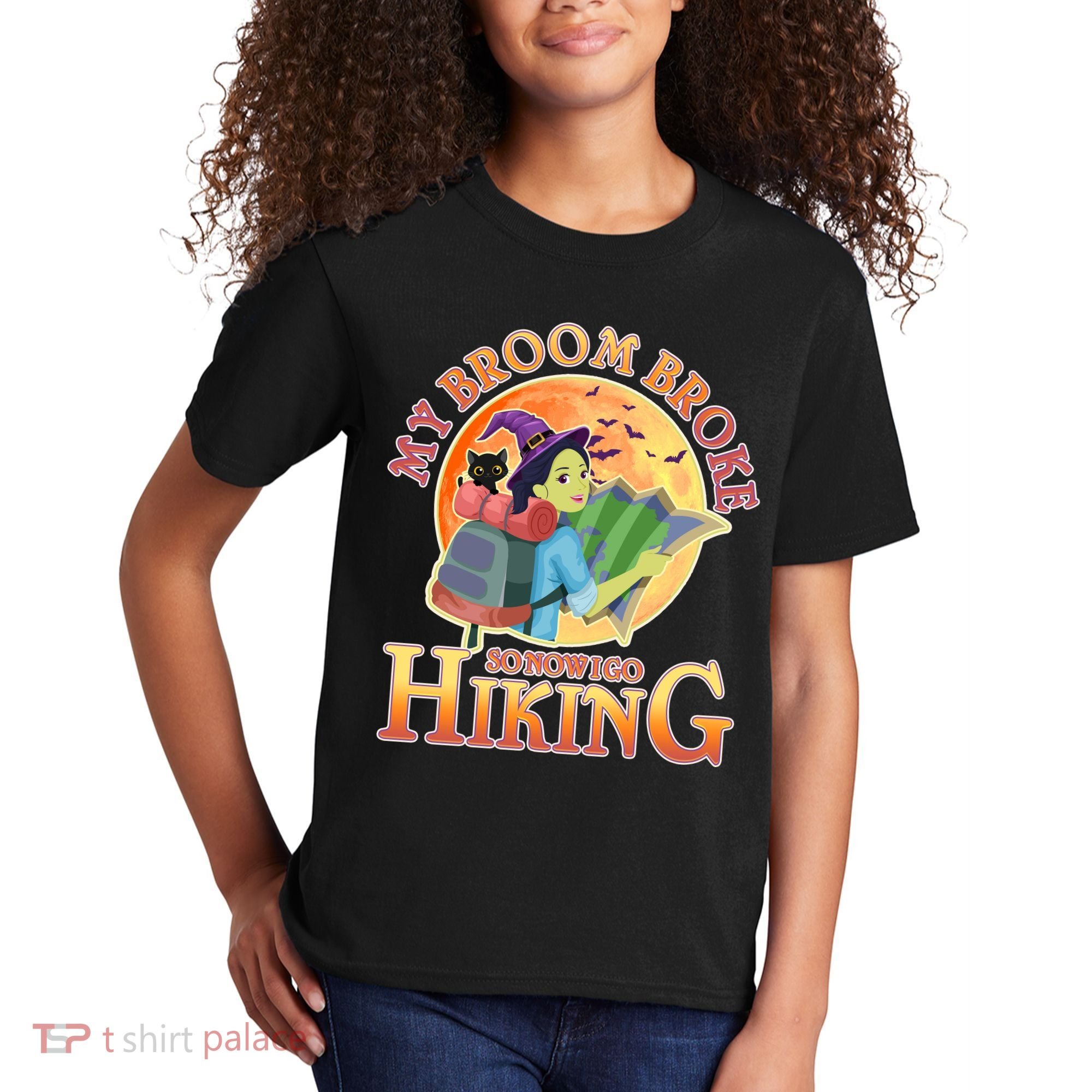 Funny Halloween My Broom Broke So Now I Go Hiking Kids T-Shirt