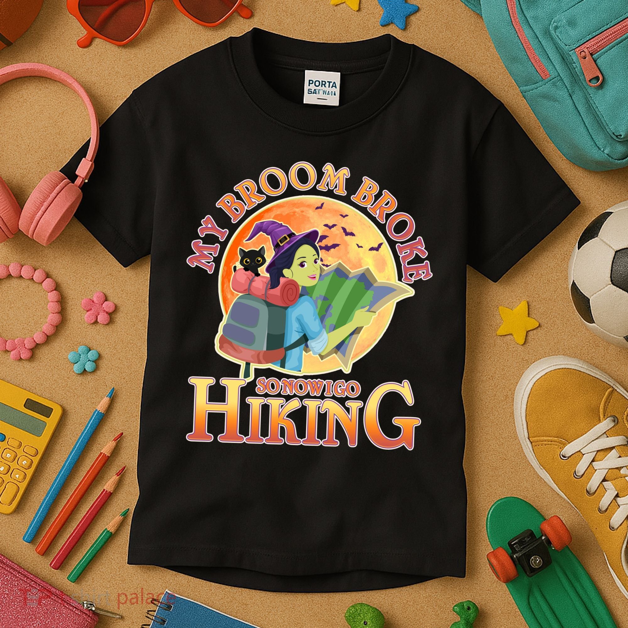 Funny Halloween My Broom Broke So Now I Go Hiking Kids T-Shirt