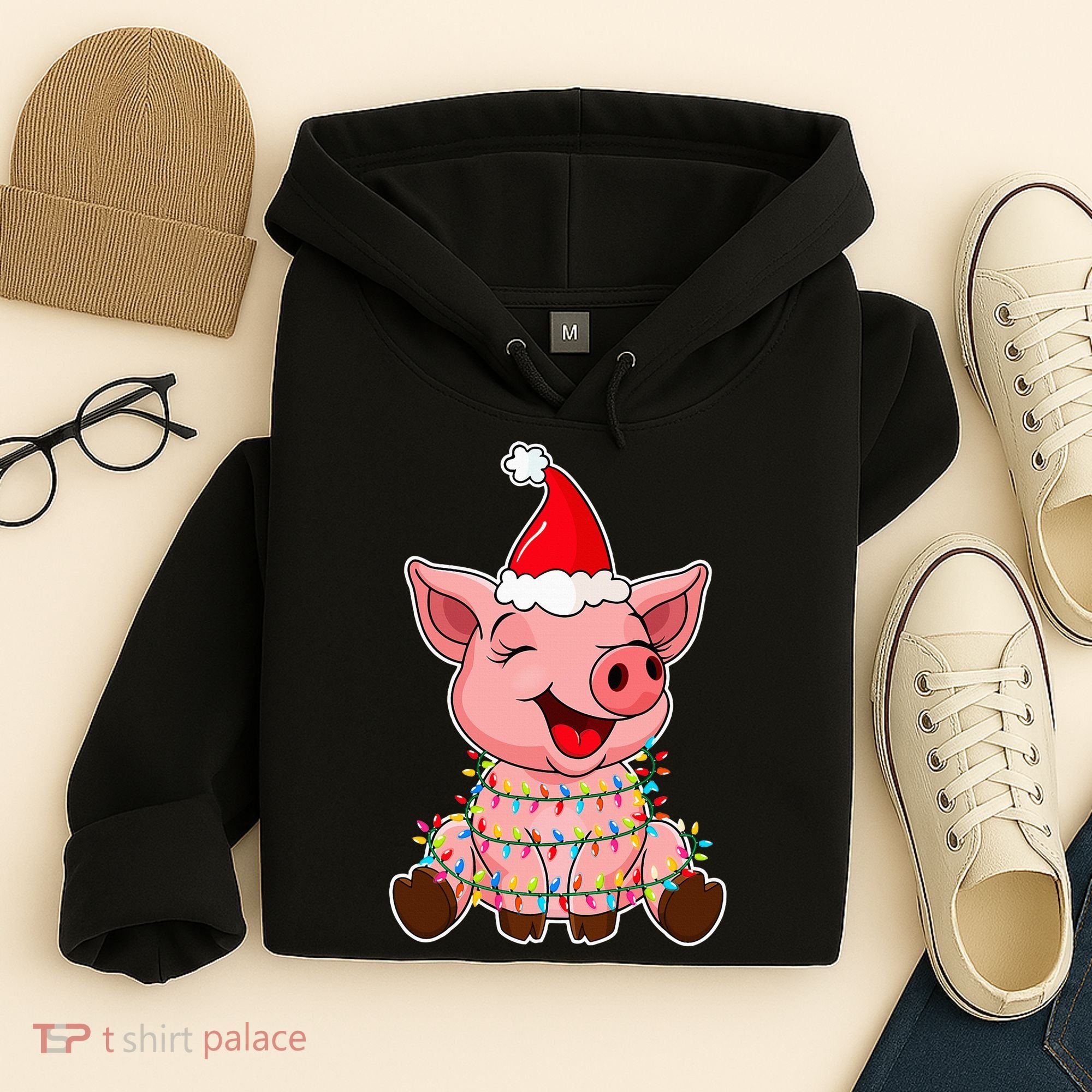 Festive Holiday Pig with Santa Hat Hilarious Gift Hoodie