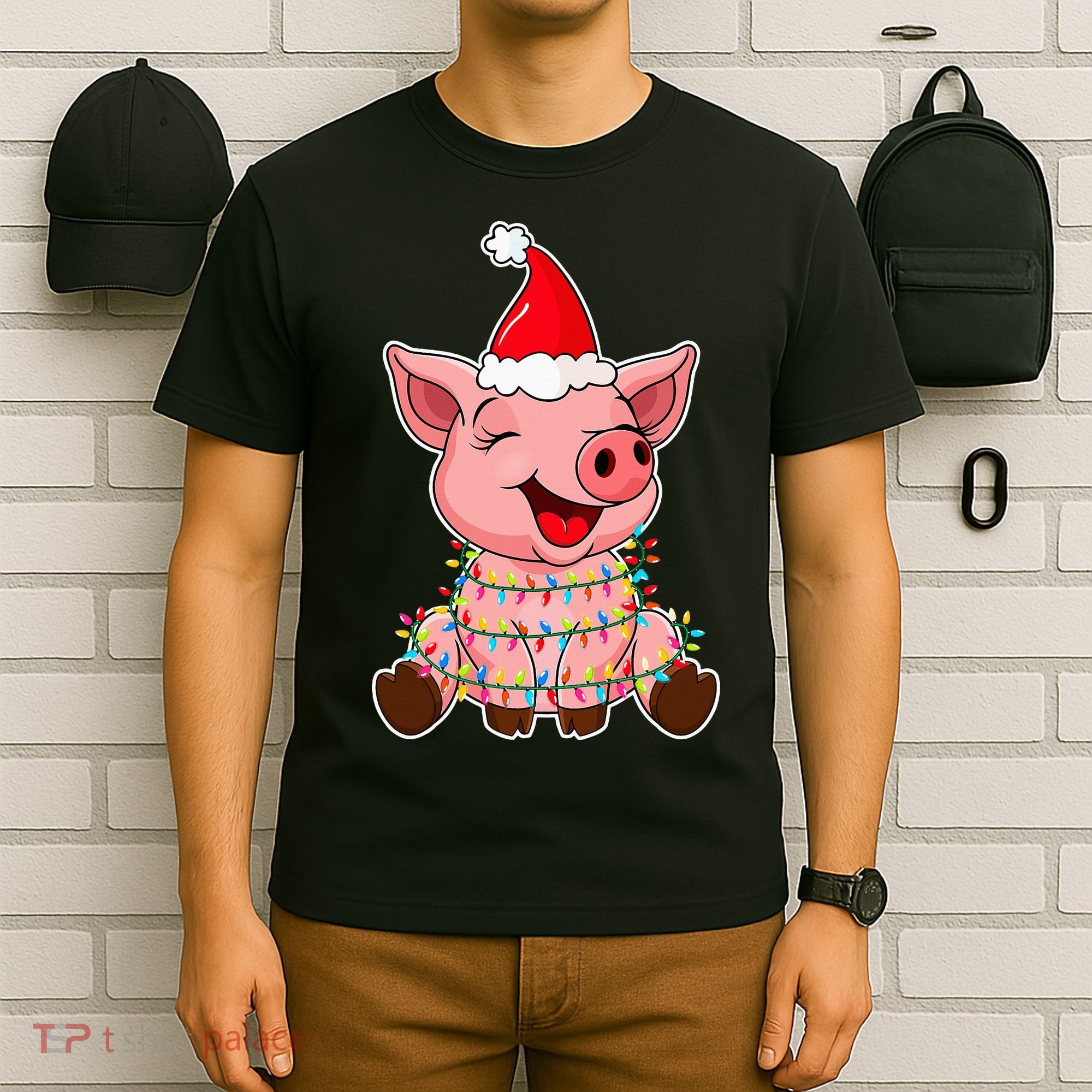 Festive Holiday Pig with Santa Hat Hilarious Gift T-Shirt