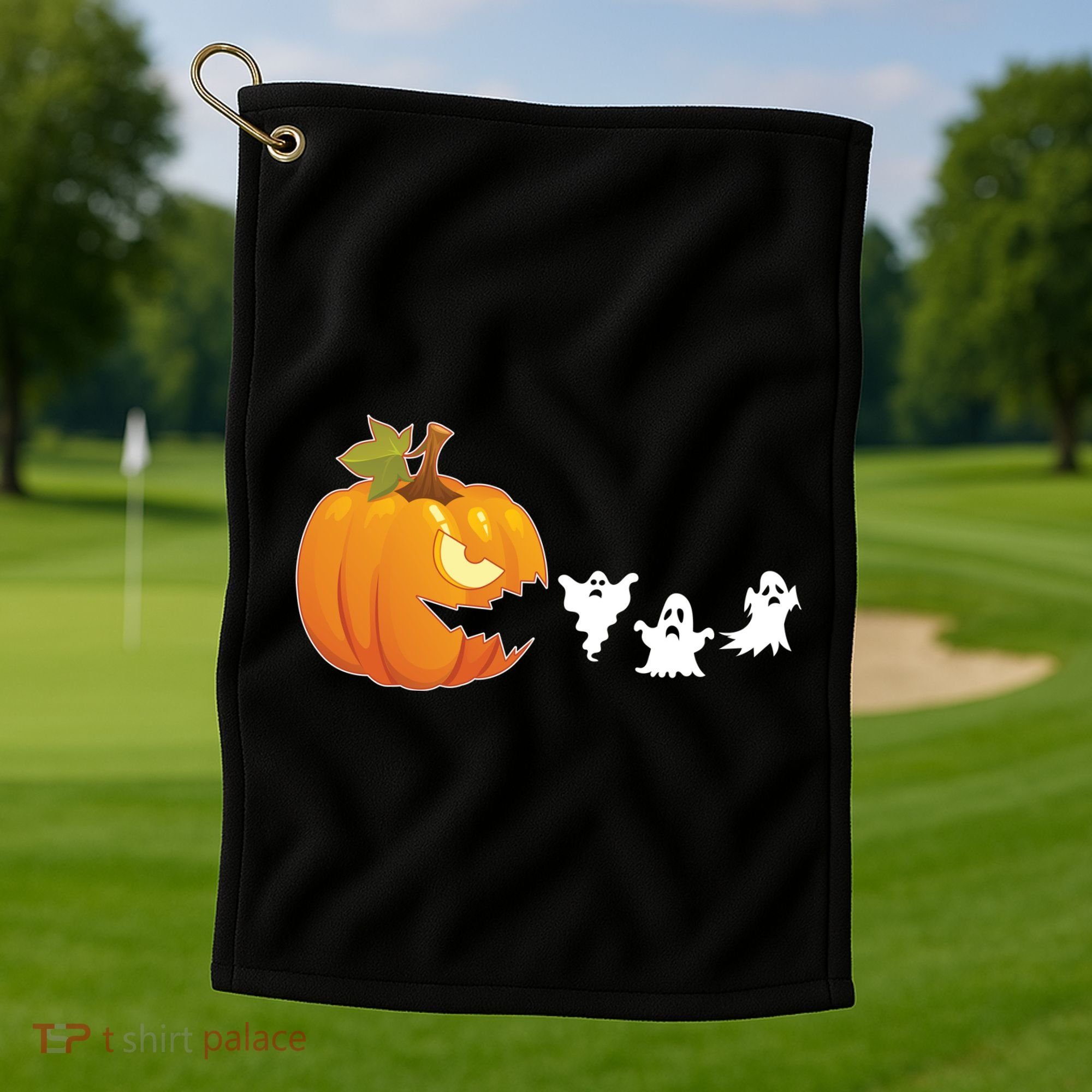 Funny Halloween Pac Man Pumpkin Ghost Golf Towel